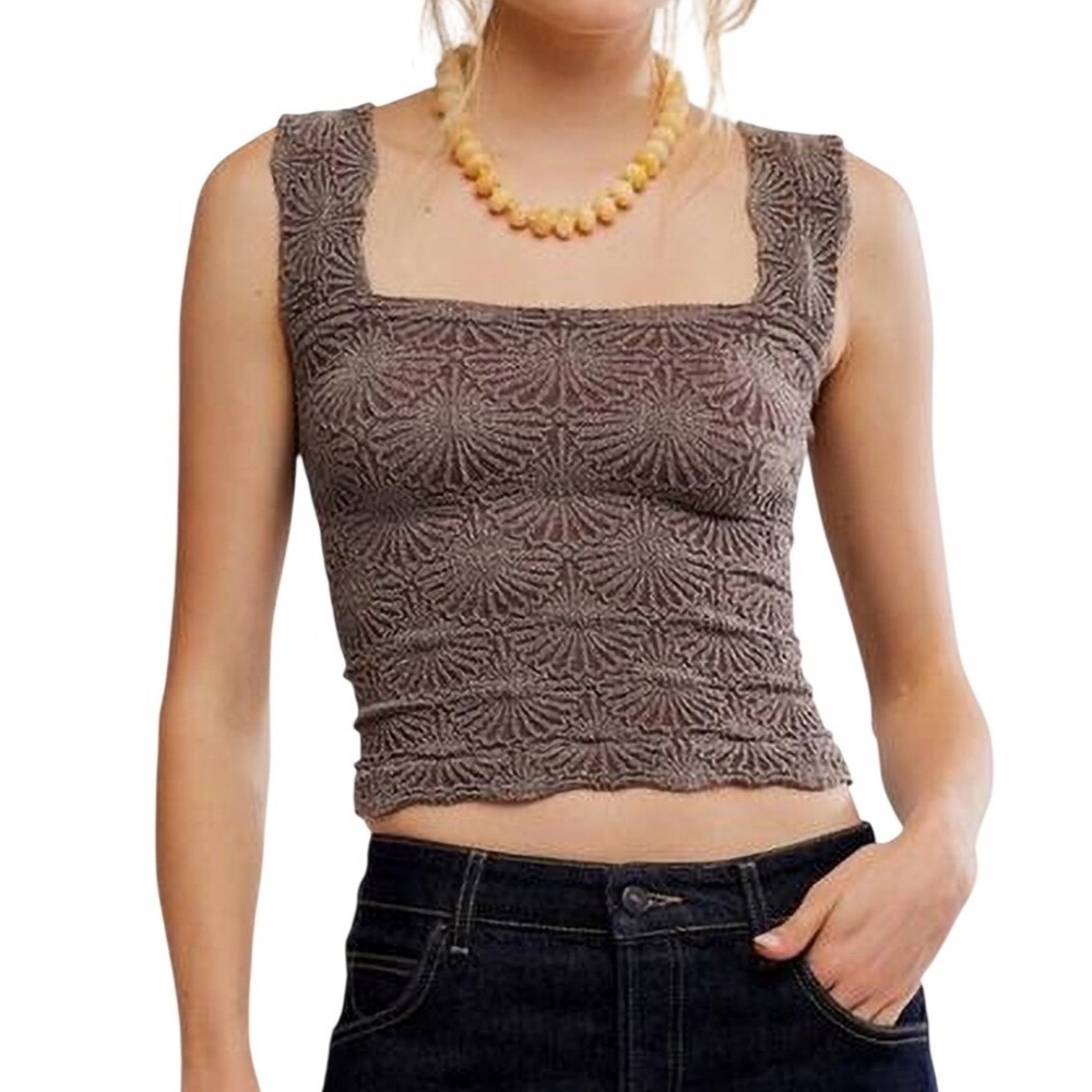 Free‎ People Seamless Love Letter Cami Taupe Square Neck Cropped Jacquard S